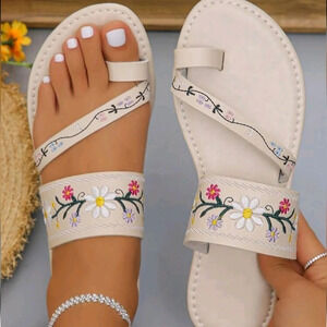 Fashionable Women Embroidery Flower Band Open Toe Slippers